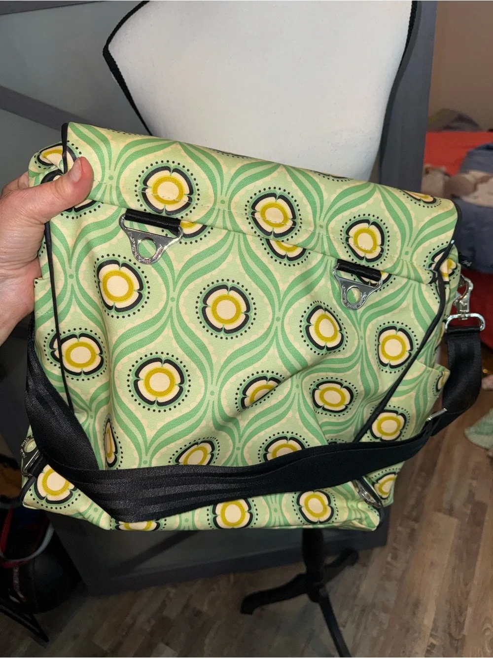 Petunia Pickle Bottom Mint Green and Yellow Patterned Diaper Bag